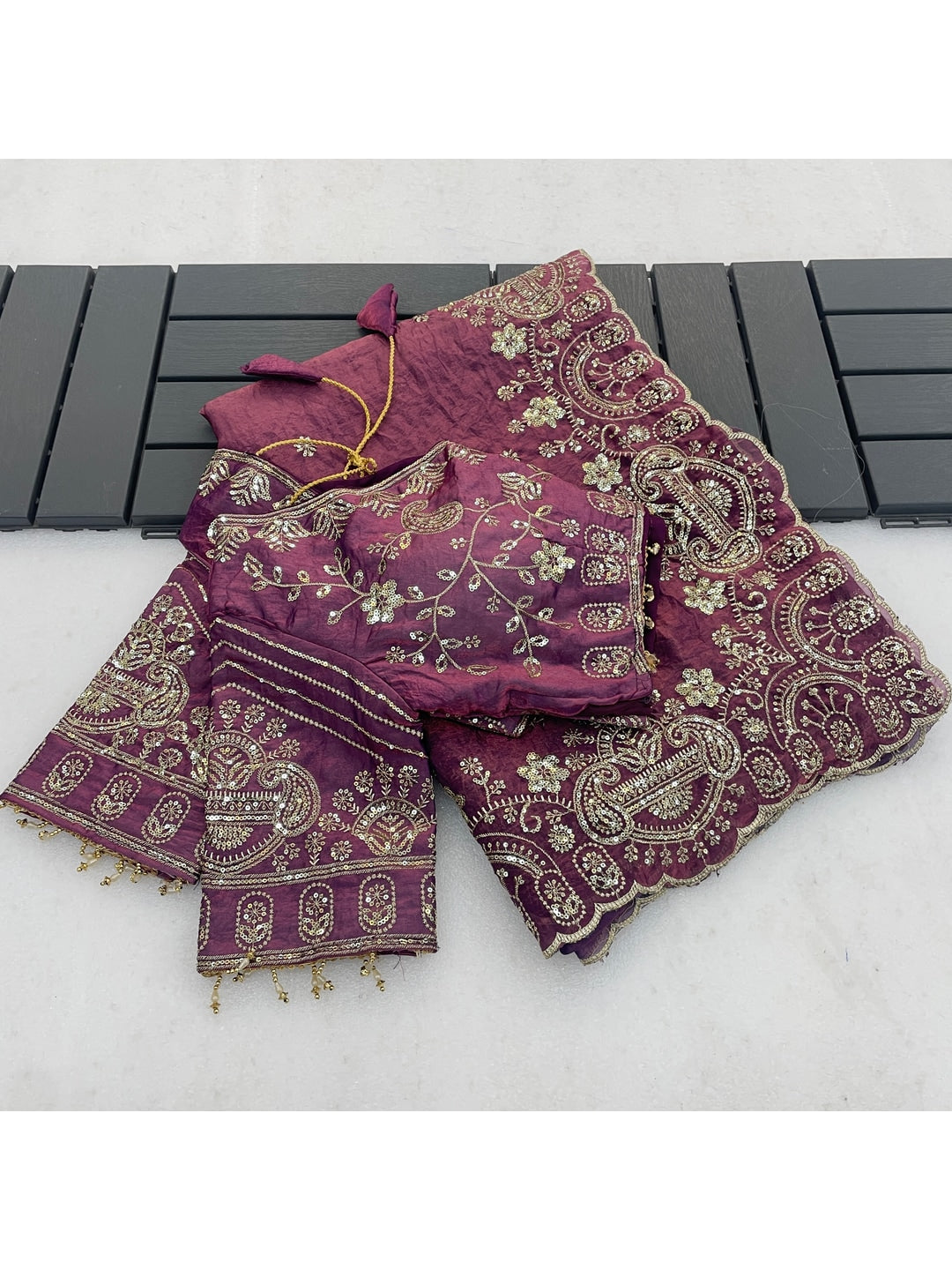 Peachmode Dusty Pink Embroidered Fendy Satin Silk Saree With Stitched Blouse - Image 2
