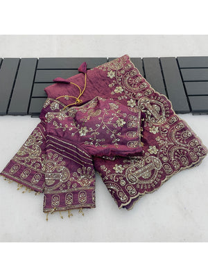 Peachmode Dusty Pink Embroidered Fendy Satin Silk Saree With Stitched Blouse - Image 2