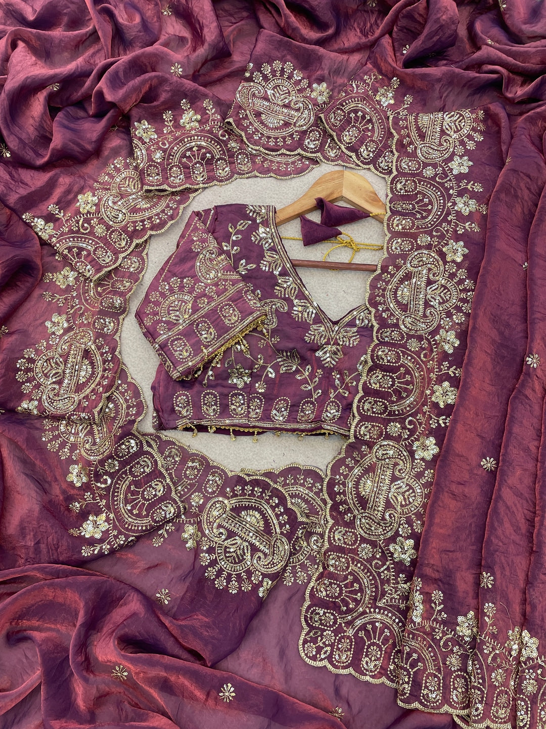 Peachmode Dusty Pink Embroidered Fendy Satin Silk Saree With Stitched Blouse - Image 5