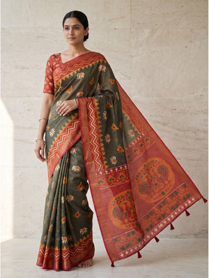 Peachmode Olive Digital Printed Silk Blend Saree - Image 1