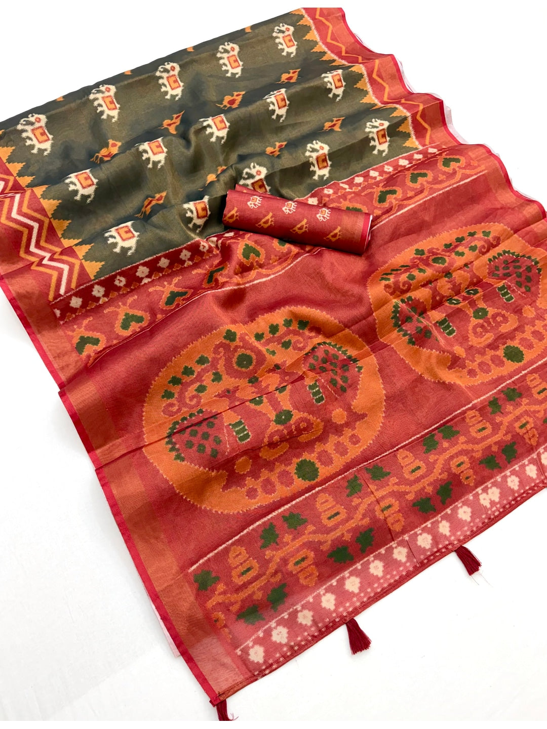 Peachmode Olive Digital Printed Silk Blend Saree - Image 3