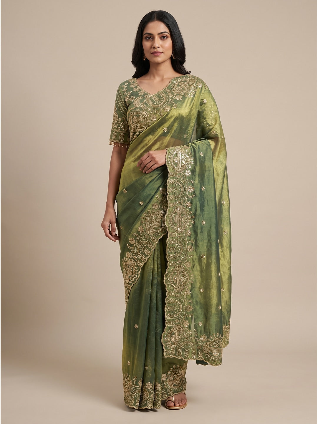 Peachmode Green Embroidered Fendy Satin Silk Saree With Stitched Blouse - Image 1