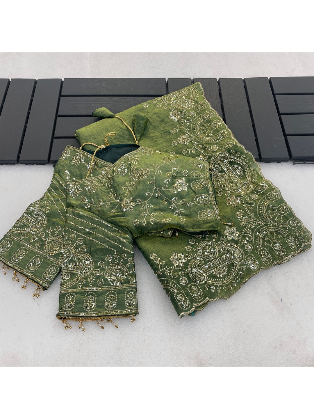 Peachmode Green Embroidered Fendy Satin Silk Saree With Stitched Blouse - Image 2