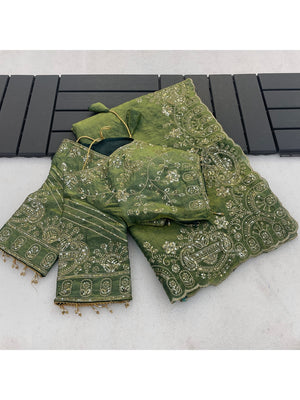 Peachmode Green Embroidered Fendy Satin Silk Saree With Stitched Blouse - Image 2