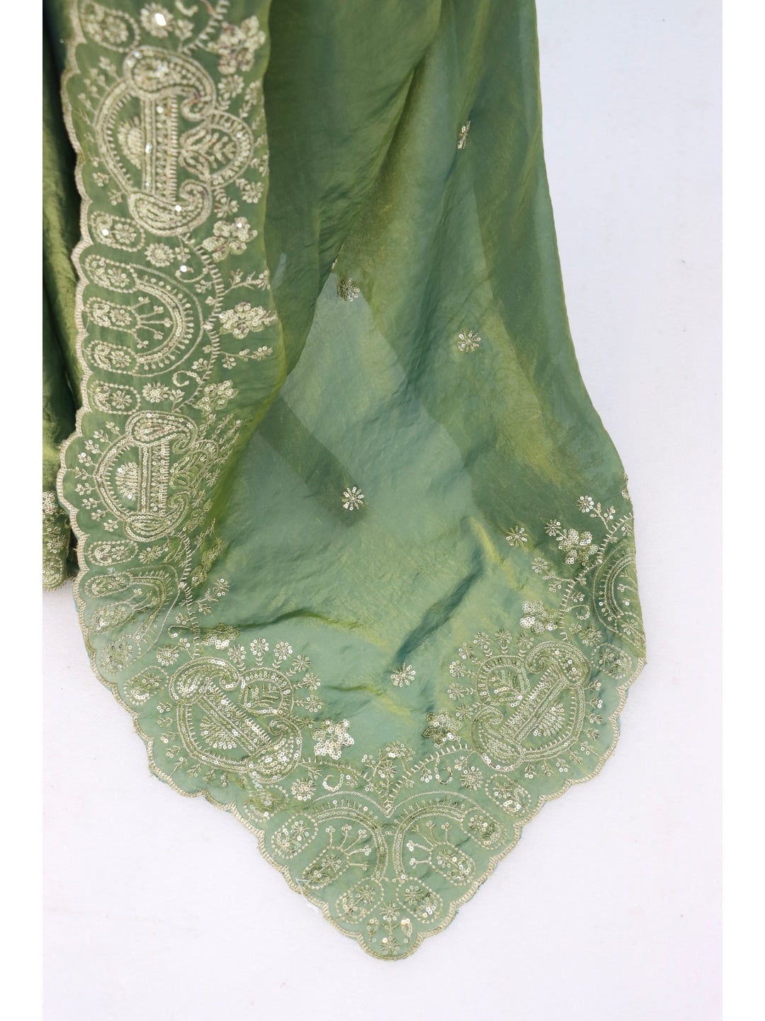 Peachmode Green Embroidered Fendy Satin Silk Saree With Stitched Blouse - Image 3