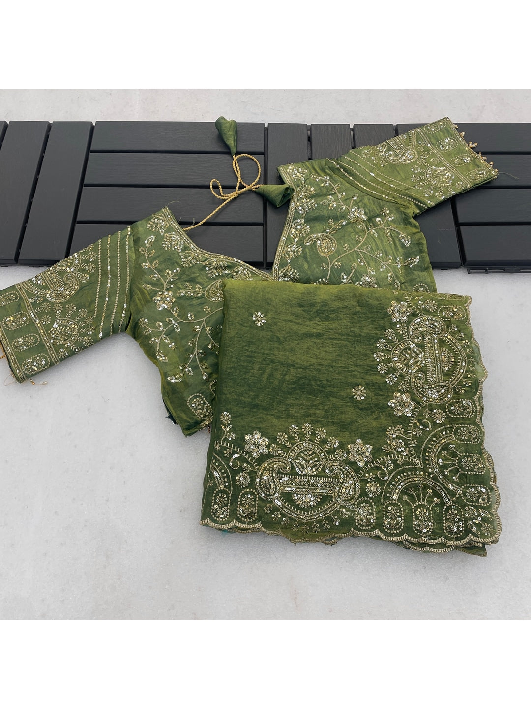 Peachmode Green Embroidered Fendy Satin Silk Saree With Stitched Blouse - Image 4