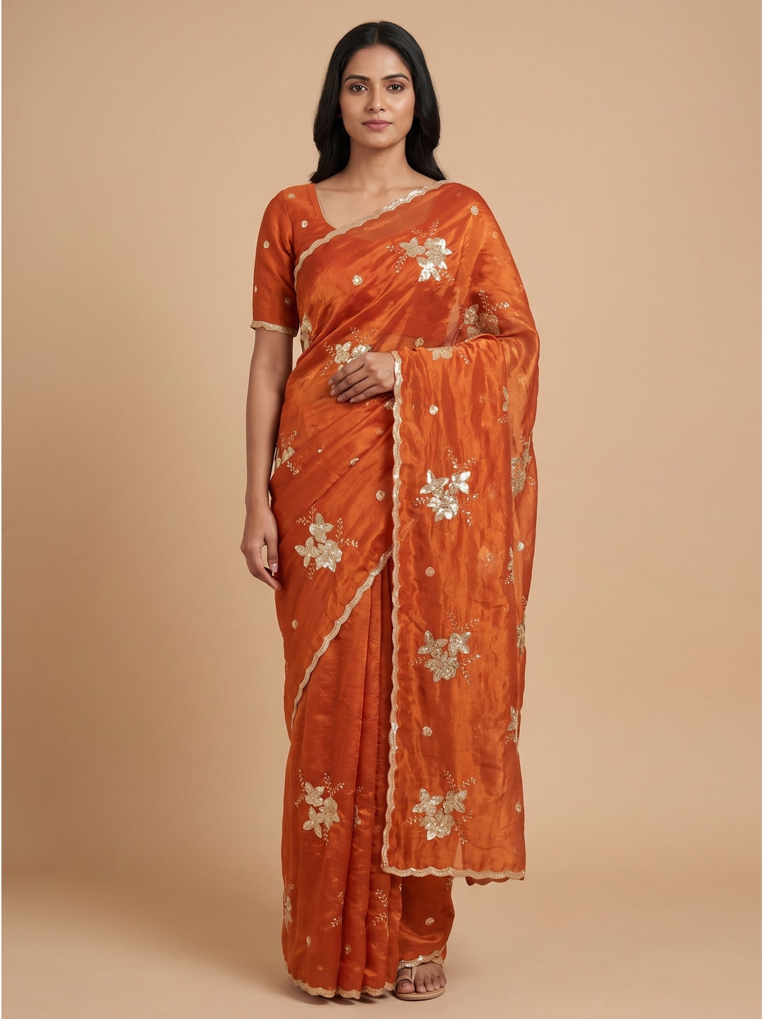 Peachmode Rust Orange Floral Embroidered Fendy Satin Silk Saree With Blouse - Image 1