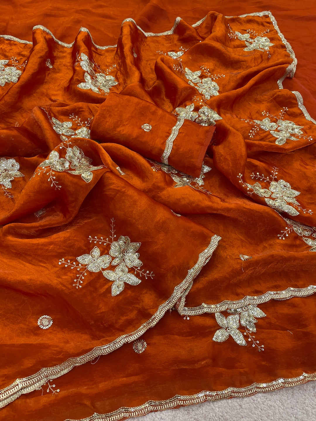 Peachmode Rust Orange Floral Embroidered Fendy Satin Silk Saree With Blouse - Image 2