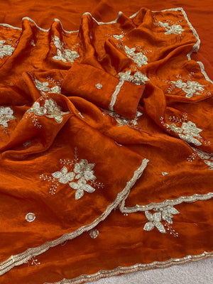 Peachmode Rust Orange Floral Embroidered Fendy Satin Silk Saree With Blouse - Image 2