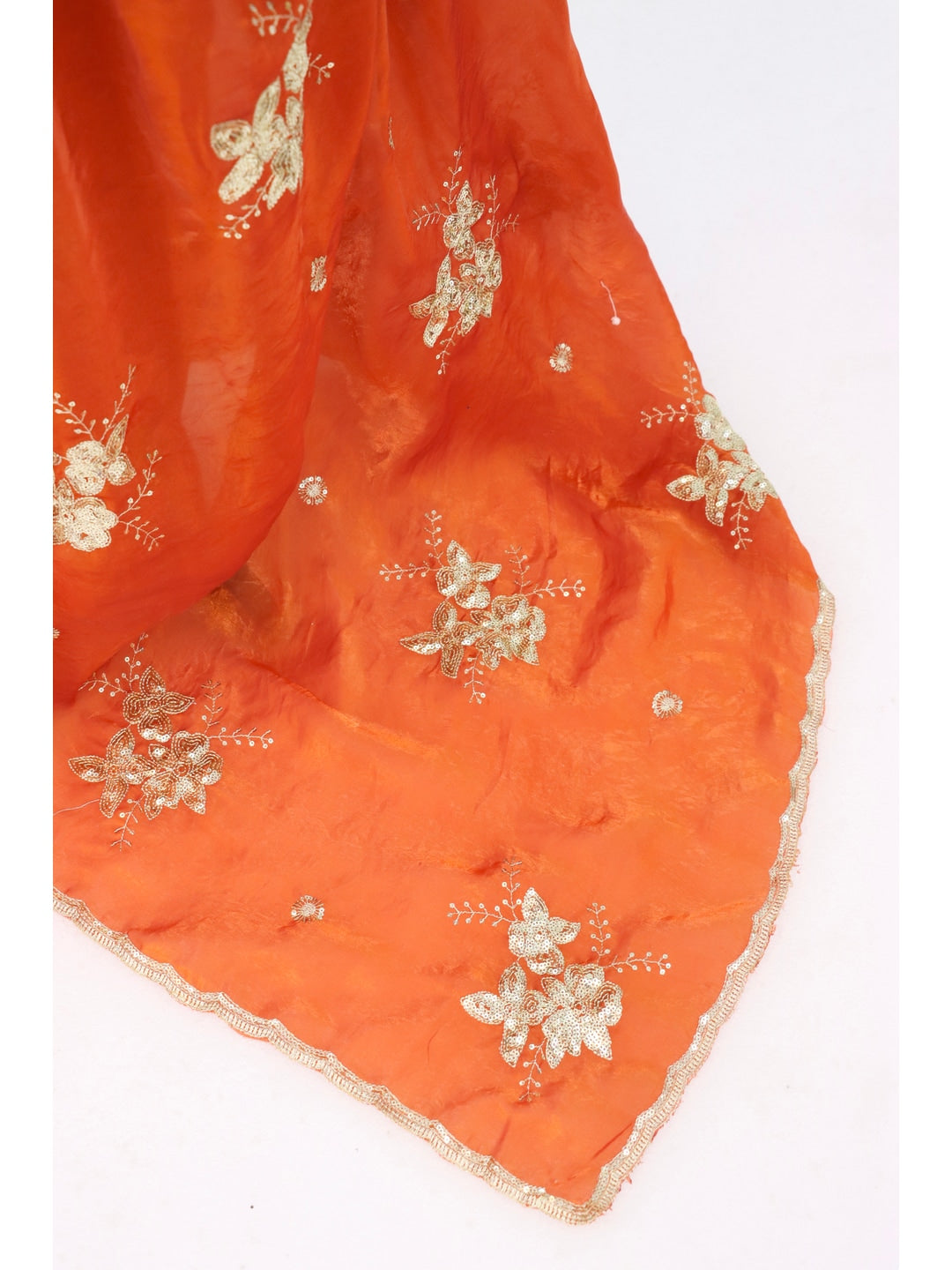 Peachmode Rust Orange Floral Embroidered Fendy Satin Silk Saree With Blouse - Image 3