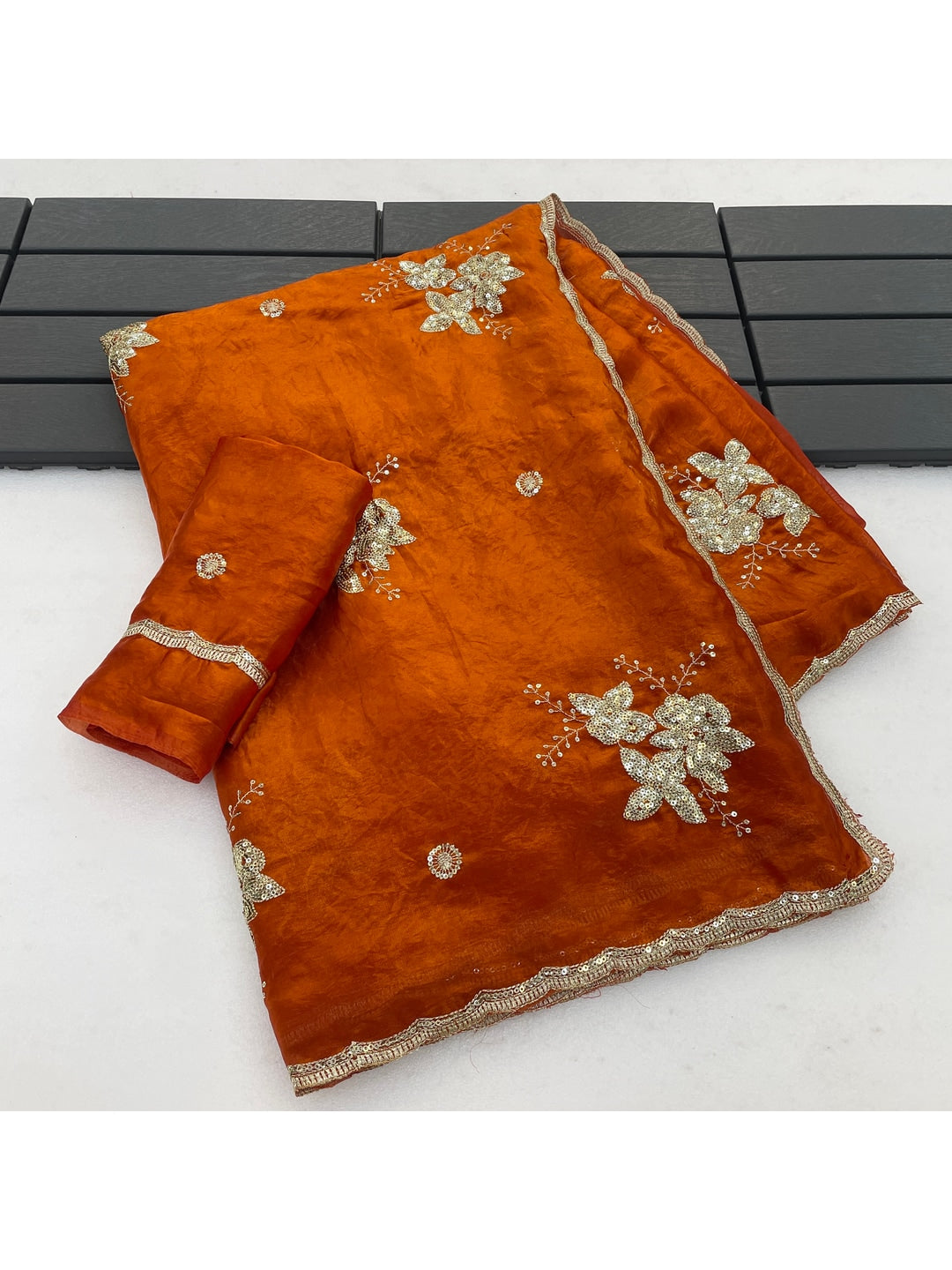 Peachmode Rust Orange Floral Embroidered Fendy Satin Silk Saree With Blouse - Image 4