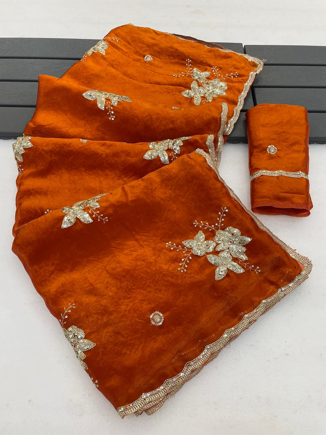 Peachmode Rust Orange Floral Embroidered Fendy Satin Silk Saree With Blouse - Image 5