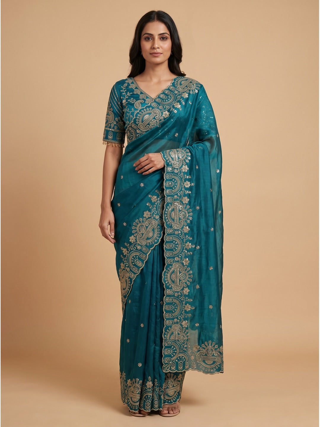 Peachmode Rama Blue Embroidered Fendy Satin Silk Saree With Stitched Blouse - Image 1