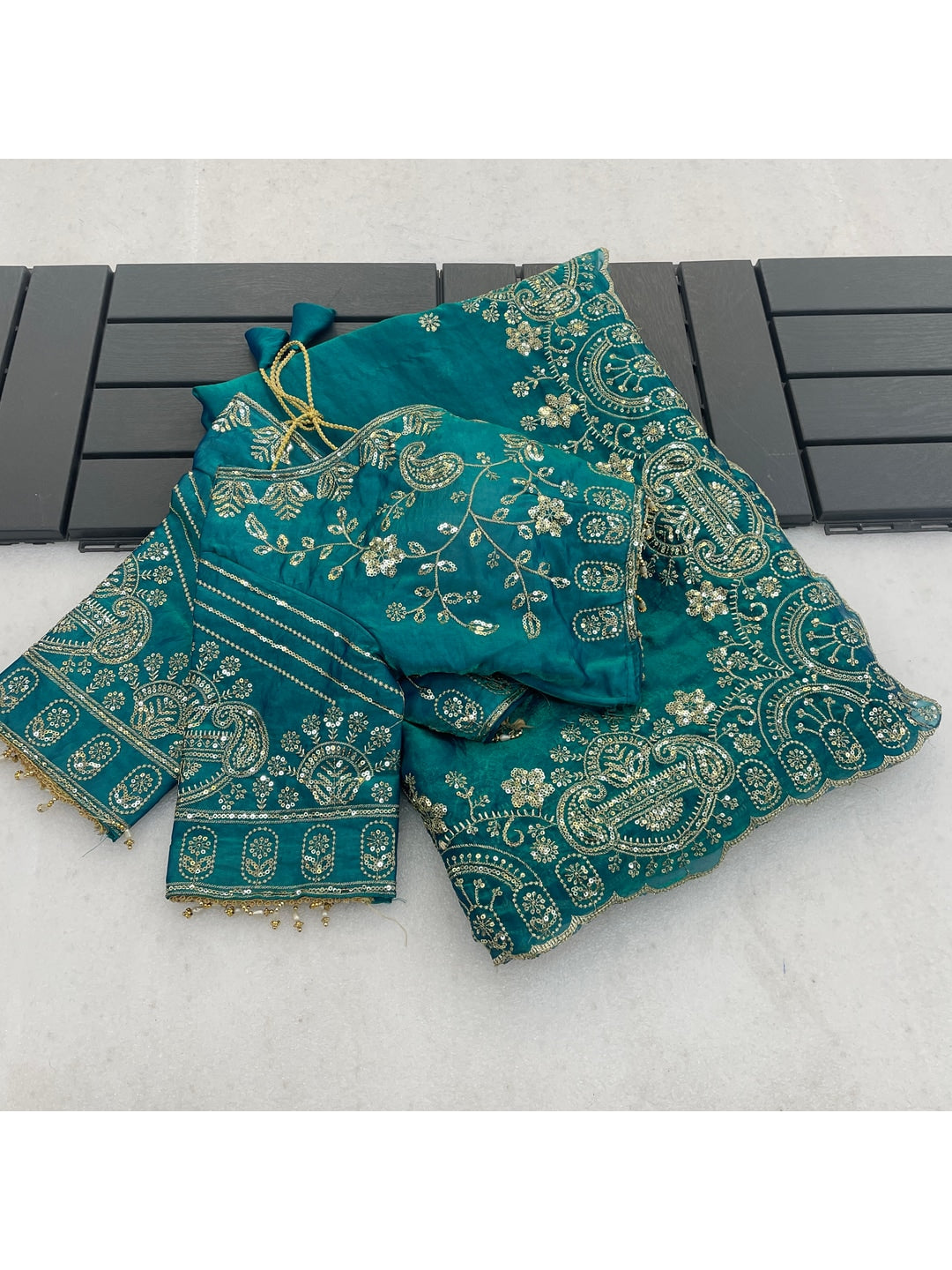 Peachmode Rama Blue Embroidered Fendy Satin Silk Saree With Stitched Blouse - Image 2