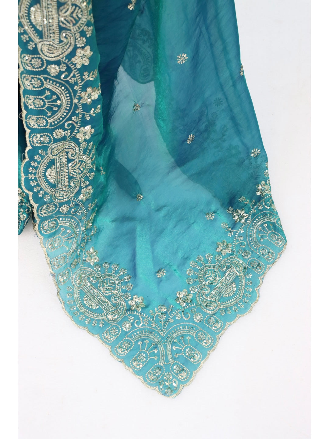 Peachmode Rama Blue Embroidered Fendy Satin Silk Saree With Stitched Blouse - Image 3