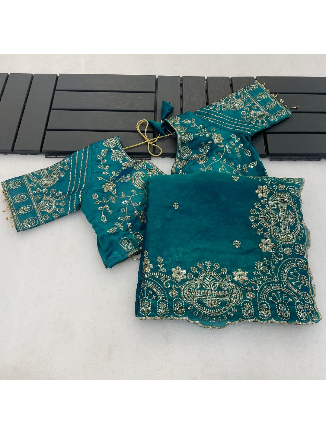Peachmode Rama Blue Embroidered Fendy Satin Silk Saree With Stitched Blouse - Image 4