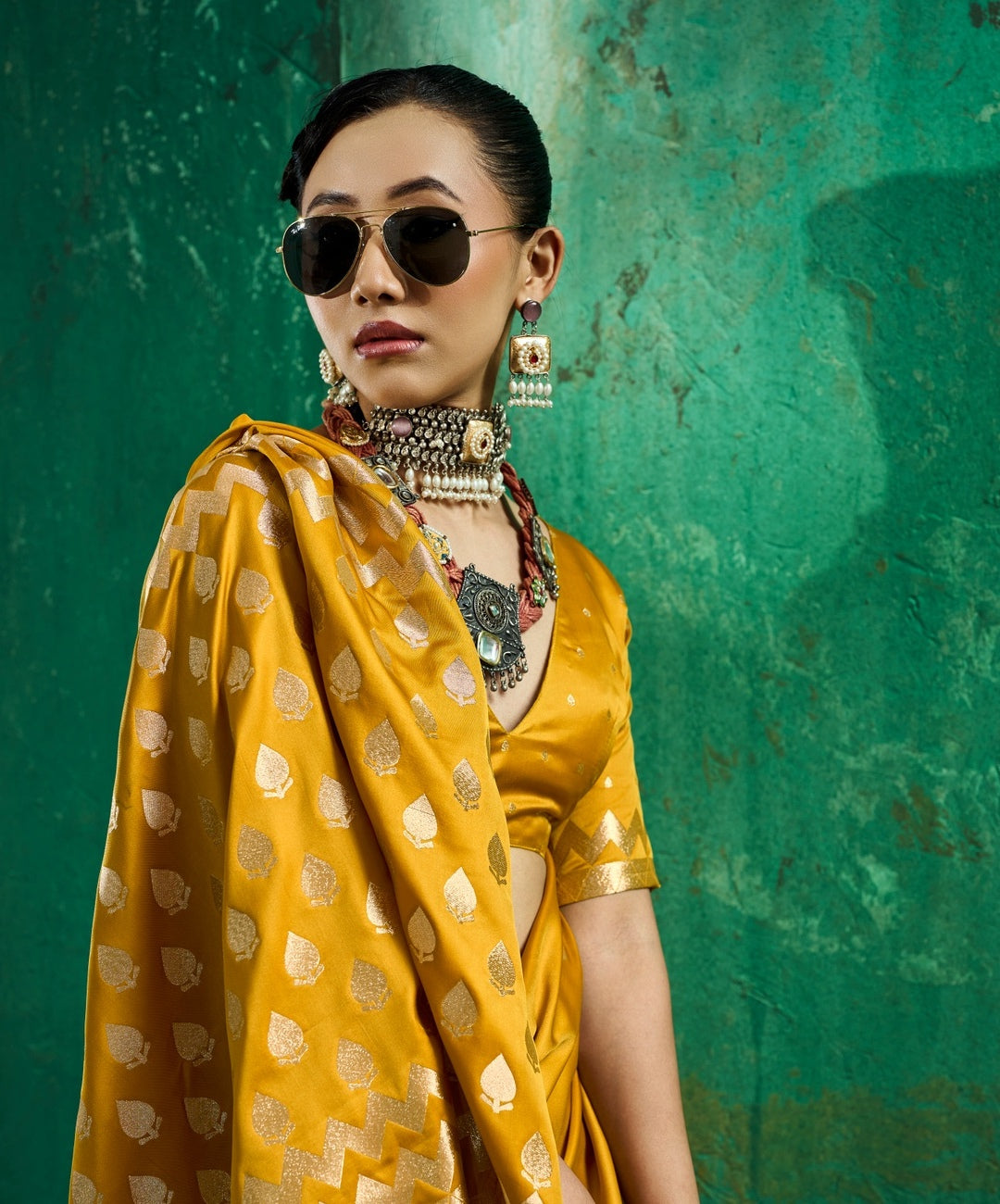 Peachmode Mustard Satin Handloom Woven Saree - Image 4