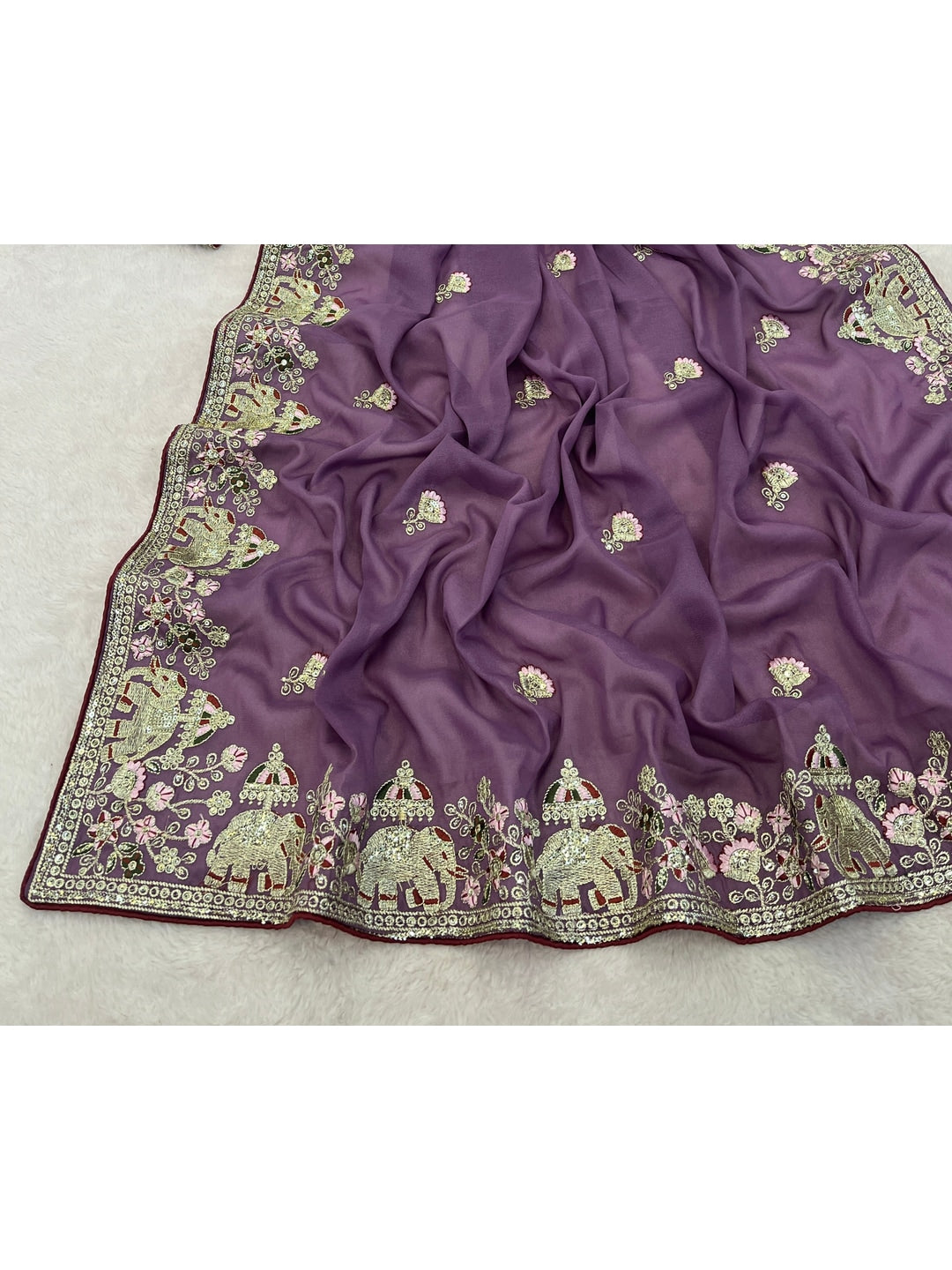 Peachmode Lavender Elephant Embroidered Georgette Silk Saree - Image 5