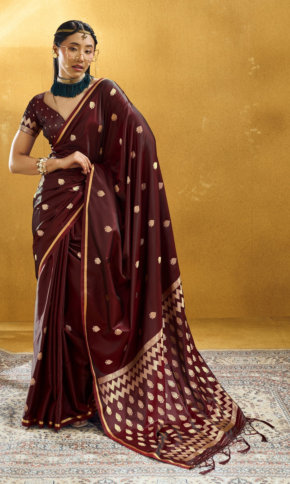 Peachmode Maroon Satin Handloom Woven Saree - Image 1