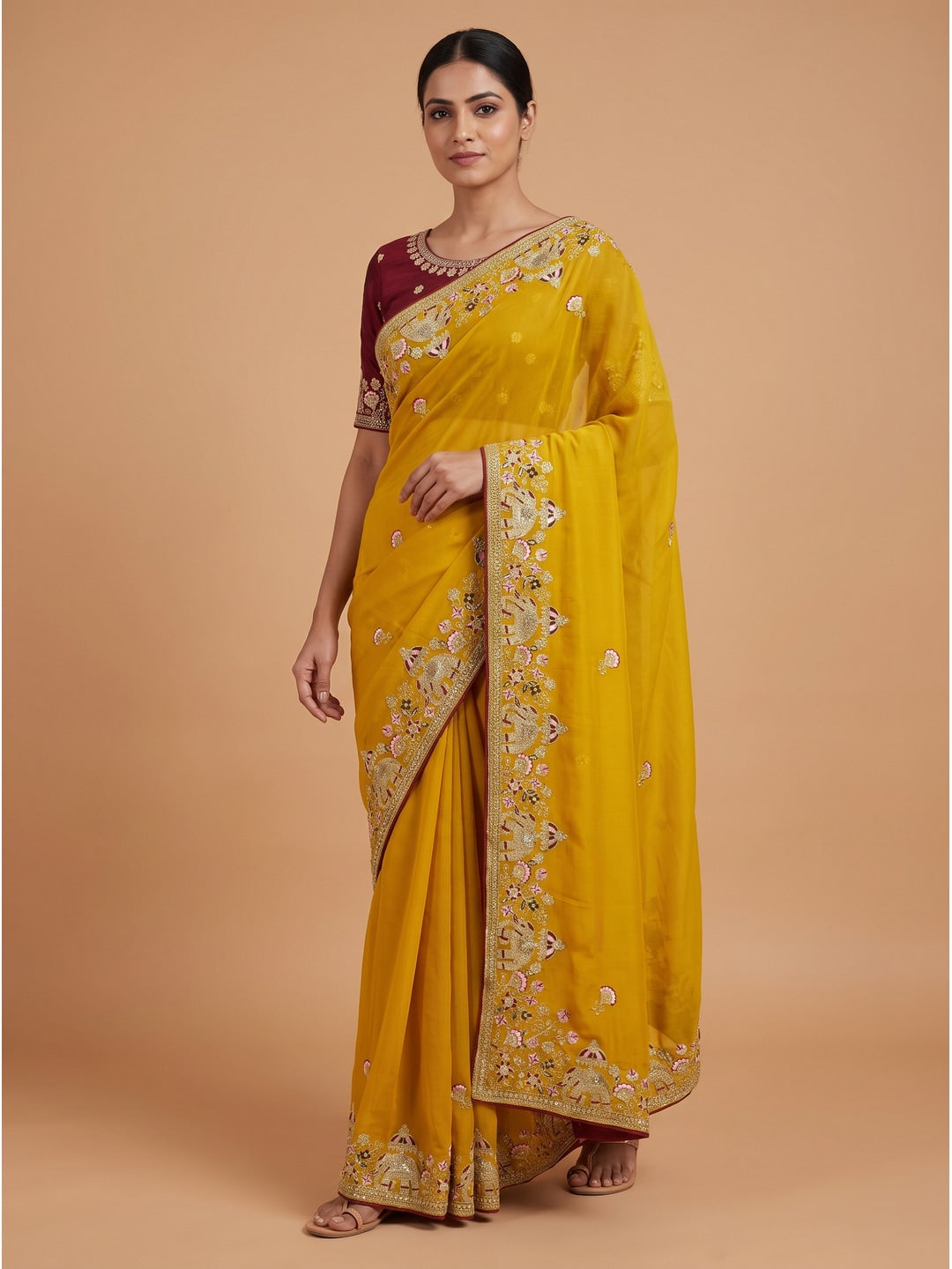 Peachmode Mustard Elephant Embroidered Georgette Silk Saree - Image 1