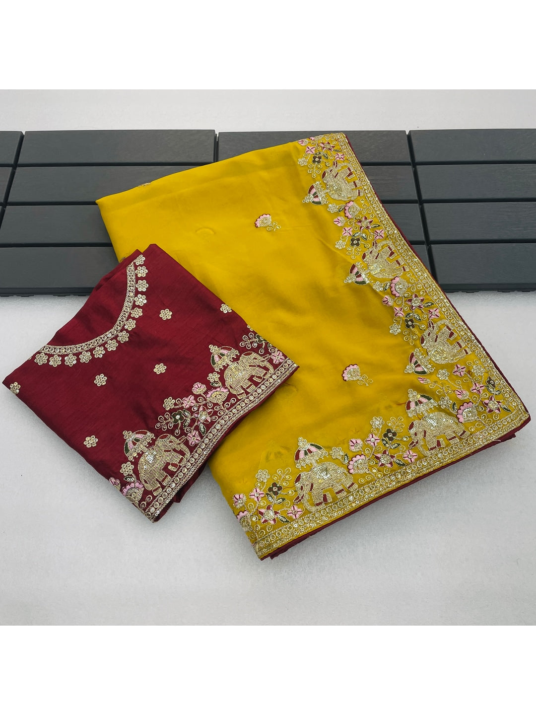 Peachmode Mustard Elephant Embroidered Georgette Silk Saree - Image 2