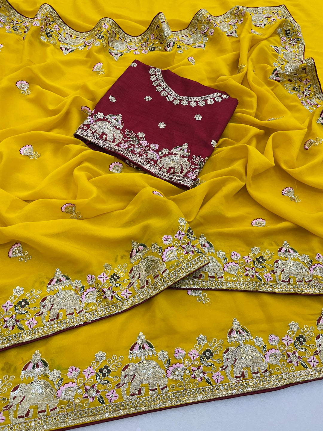 Peachmode Mustard Elephant Embroidered Georgette Silk Saree - Image 3