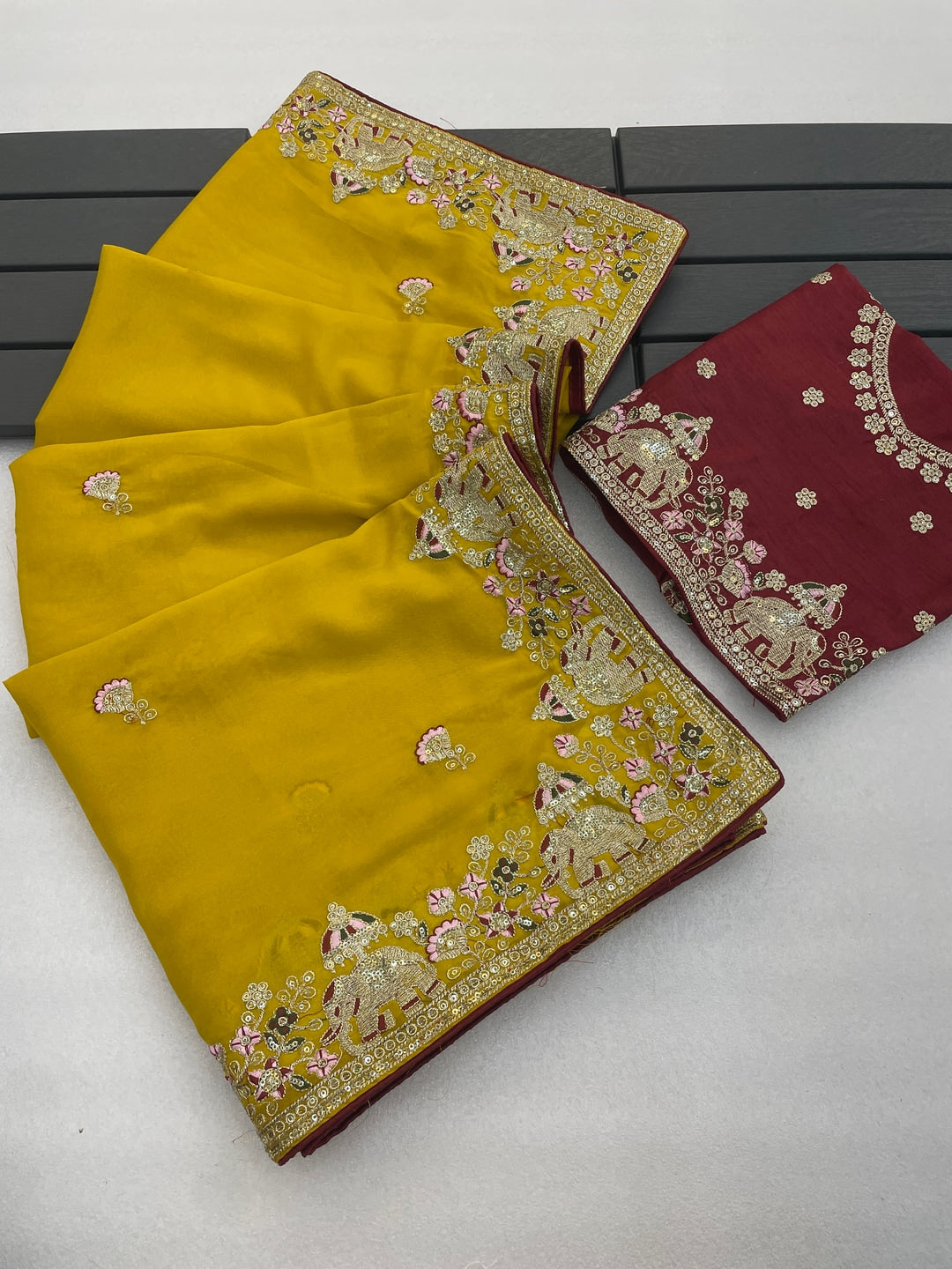Peachmode Mustard Elephant Embroidered Georgette Silk Saree - Image 4