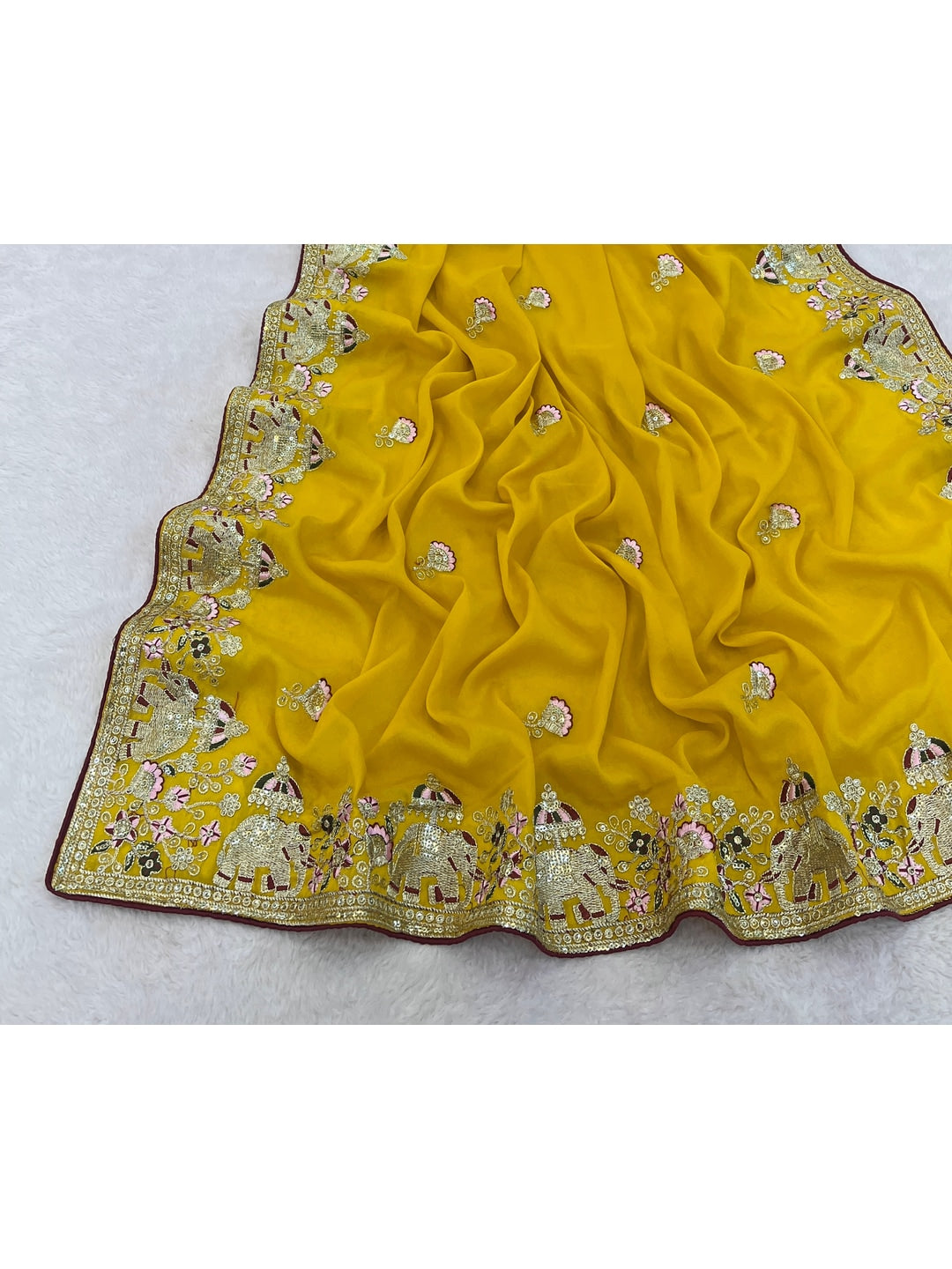 Peachmode Mustard Elephant Embroidered Georgette Silk Saree - Image 5