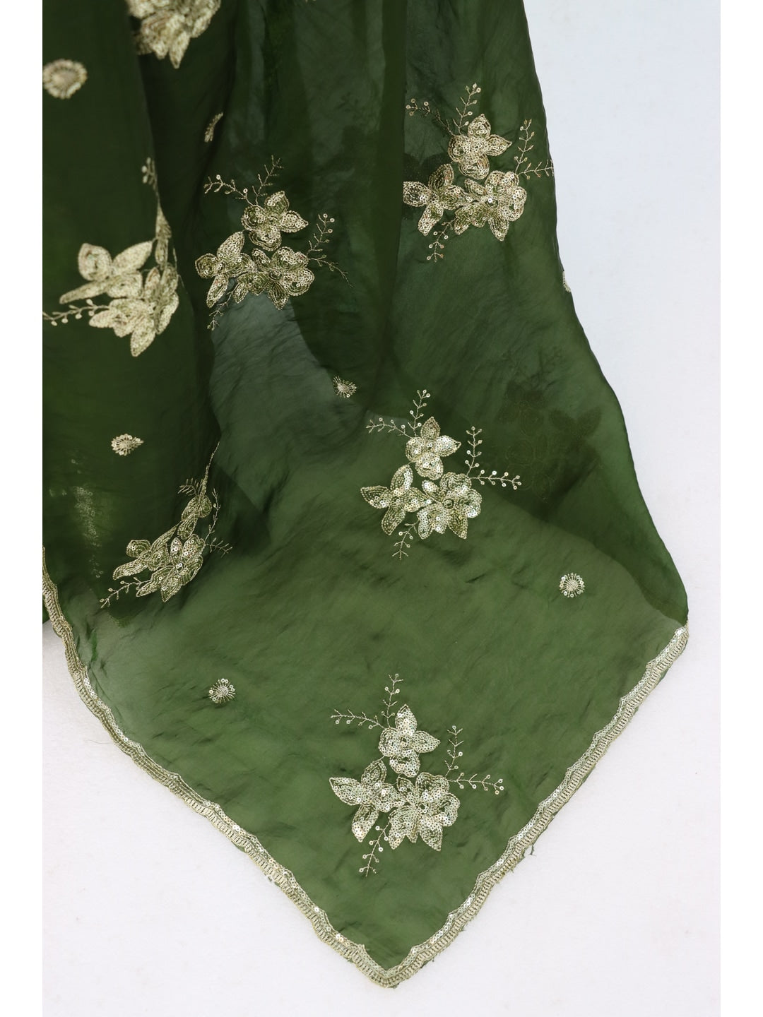 Peachmode Mehandi Green Floral Embroidered Fendy Satin Silk Saree With Blouse - Image 3