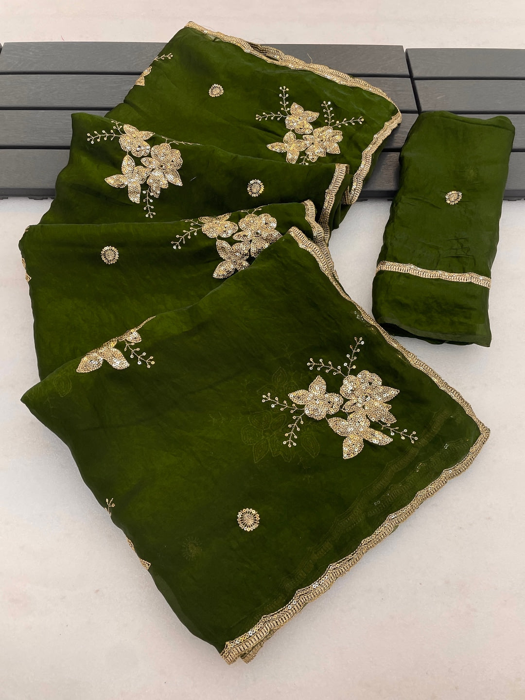 Peachmode Mehandi Green Floral Embroidered Fendy Satin Silk Saree With Blouse - Image 4