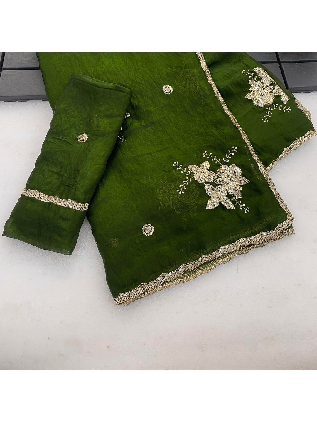 Peachmode Mehandi Green Floral Embroidered Fendy Satin Silk Saree With Blouse - Image 5