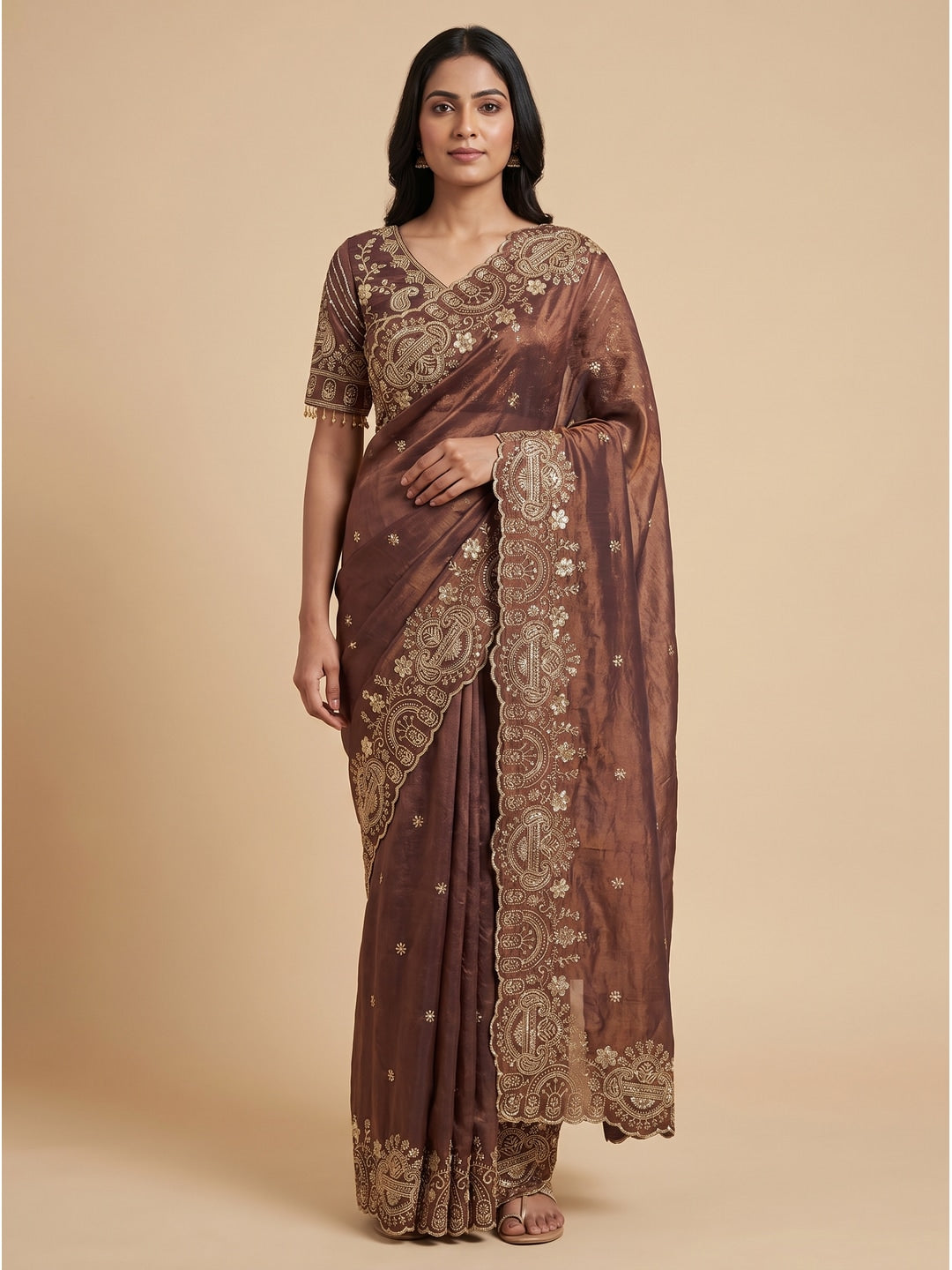 Peachmode Dusty Brown Embroidered Fendy Satin Silk Saree With Stitched Blouse - Image 1