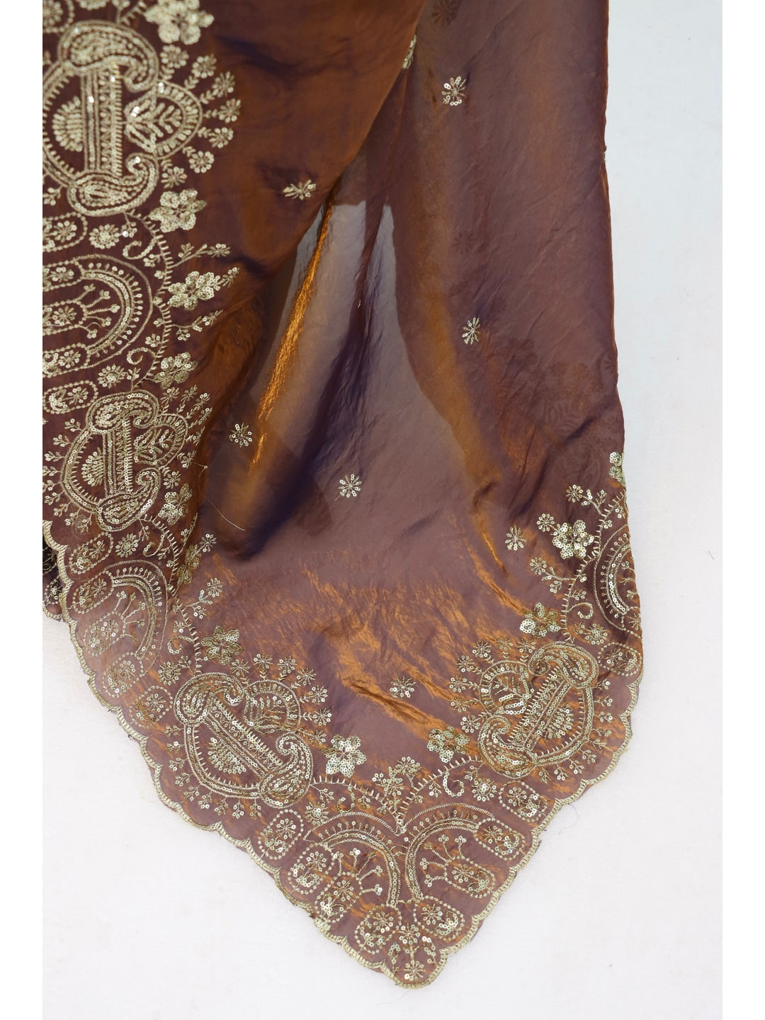 Peachmode Dusty Brown Embroidered Fendy Satin Silk Saree With Stitched Blouse - Image 3
