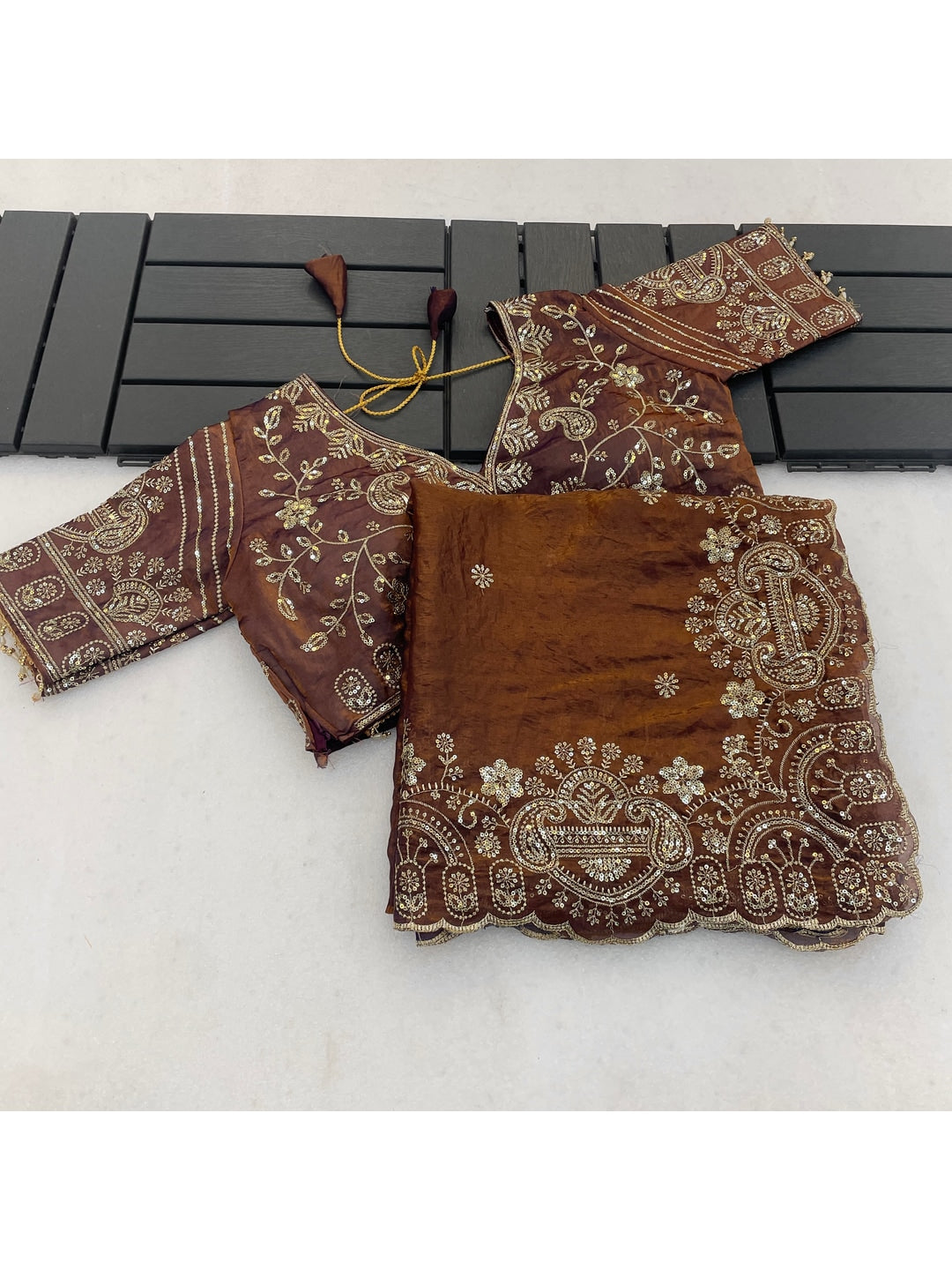 Peachmode Dusty Brown Embroidered Fendy Satin Silk Saree With Stitched Blouse - Image 4