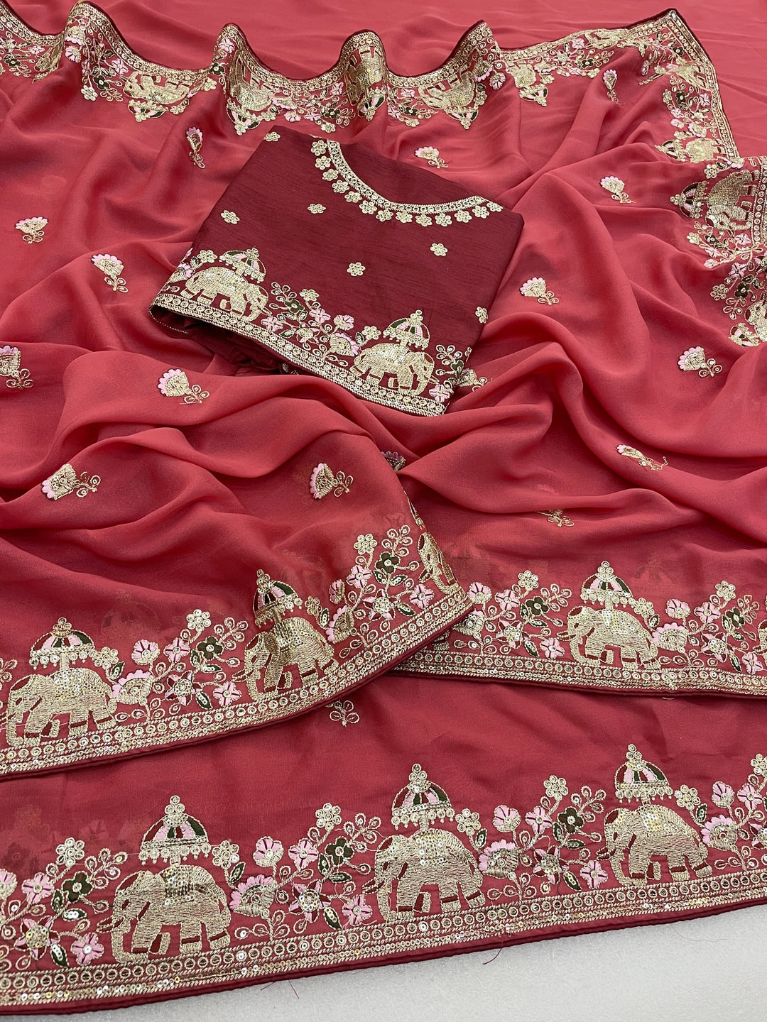 Peachmode Dusty Rust Elephant Embroidered Georgette Silk Saree - Image 3