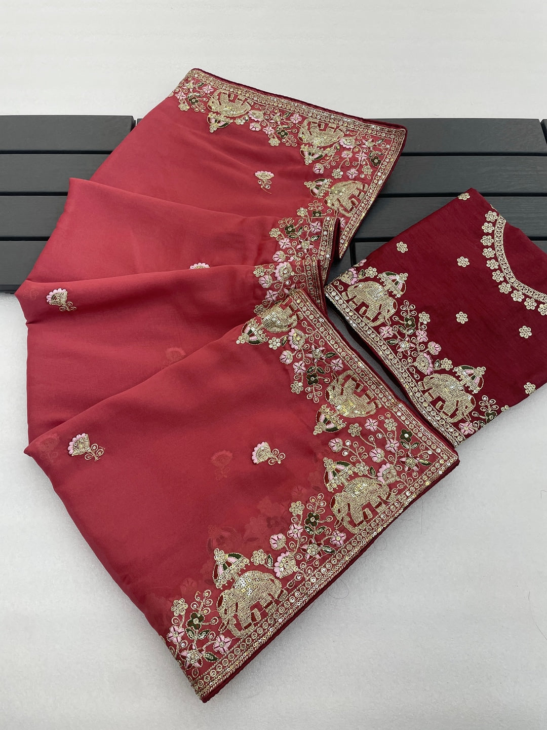Peachmode Dusty Rust Elephant Embroidered Georgette Silk Saree - Image 4
