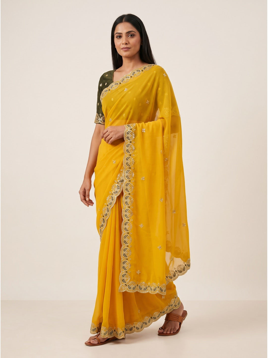 Peachmode Mustard Yellow Embroidered Georgette Silk Saree - Image 1