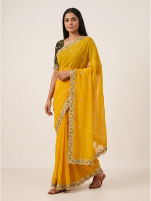 Peachmode Mustard Yellow Embroidered Georgette Silk Saree - Image 1