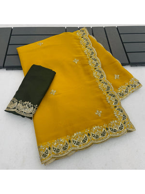 Peachmode Mustard Yellow Embroidered Georgette Silk Saree - Image 2