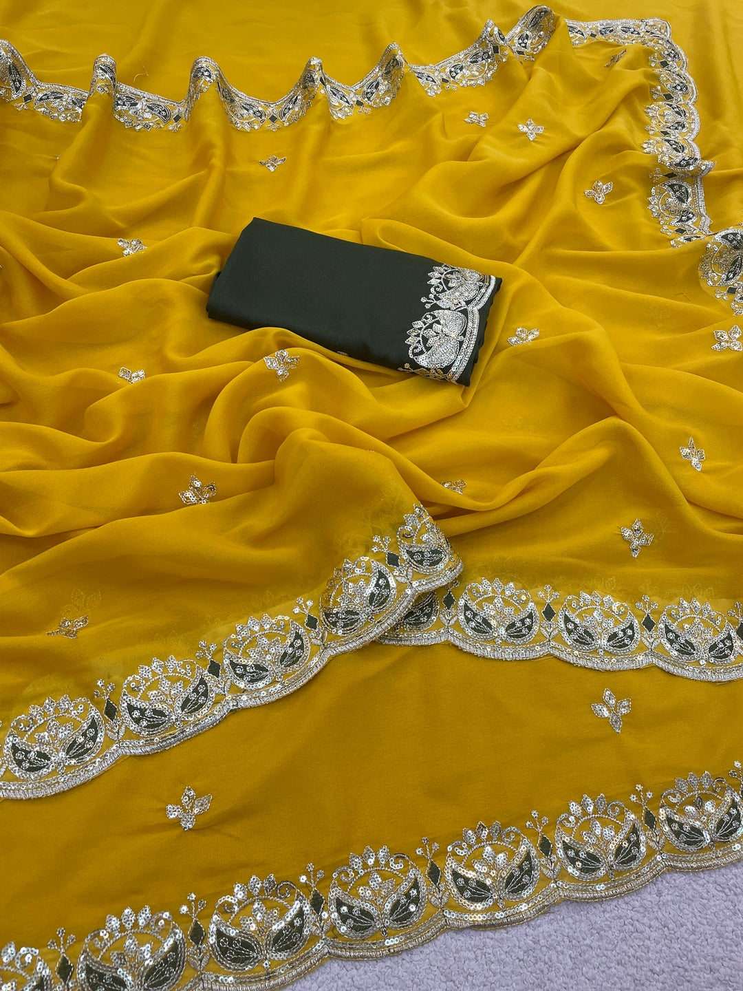 Peachmode Mustard Yellow Embroidered Georgette Silk Saree - Image 5