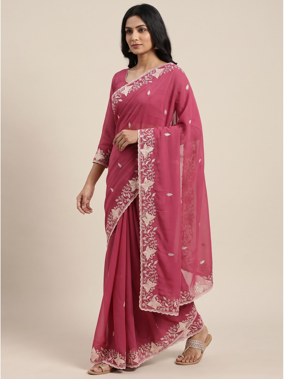 Peachmode Pink Embroidered Georgette Silk Saree - Image 1