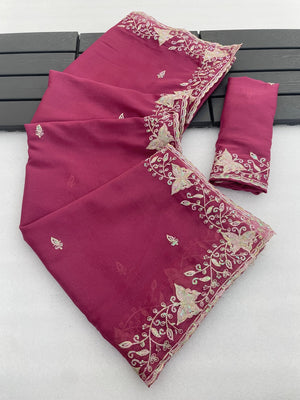 Peachmode Pink Embroidered Georgette Silk Saree - Image 2