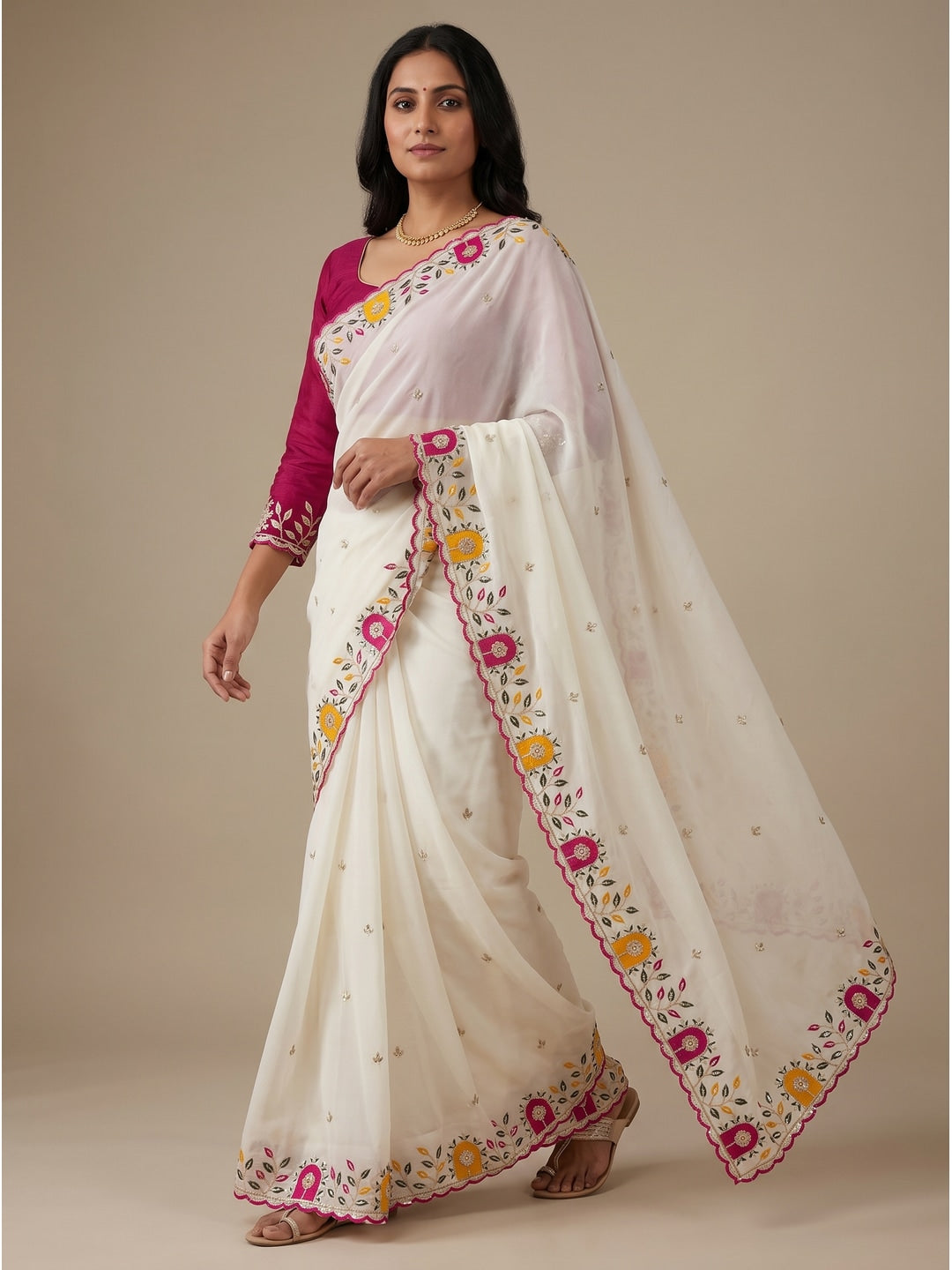 Peachmode Offwhite Embroidered Georgette Silk Saree - Image 1