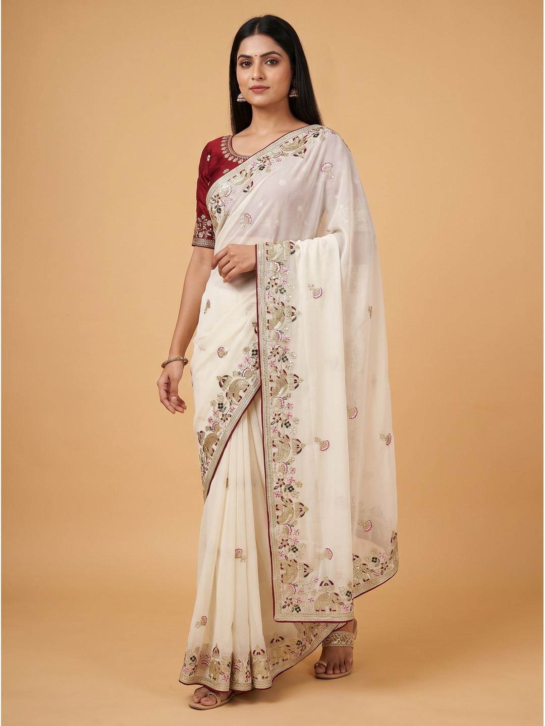 Peachmode Offwhite Embroidered Georgette Silk Saree - Image 1