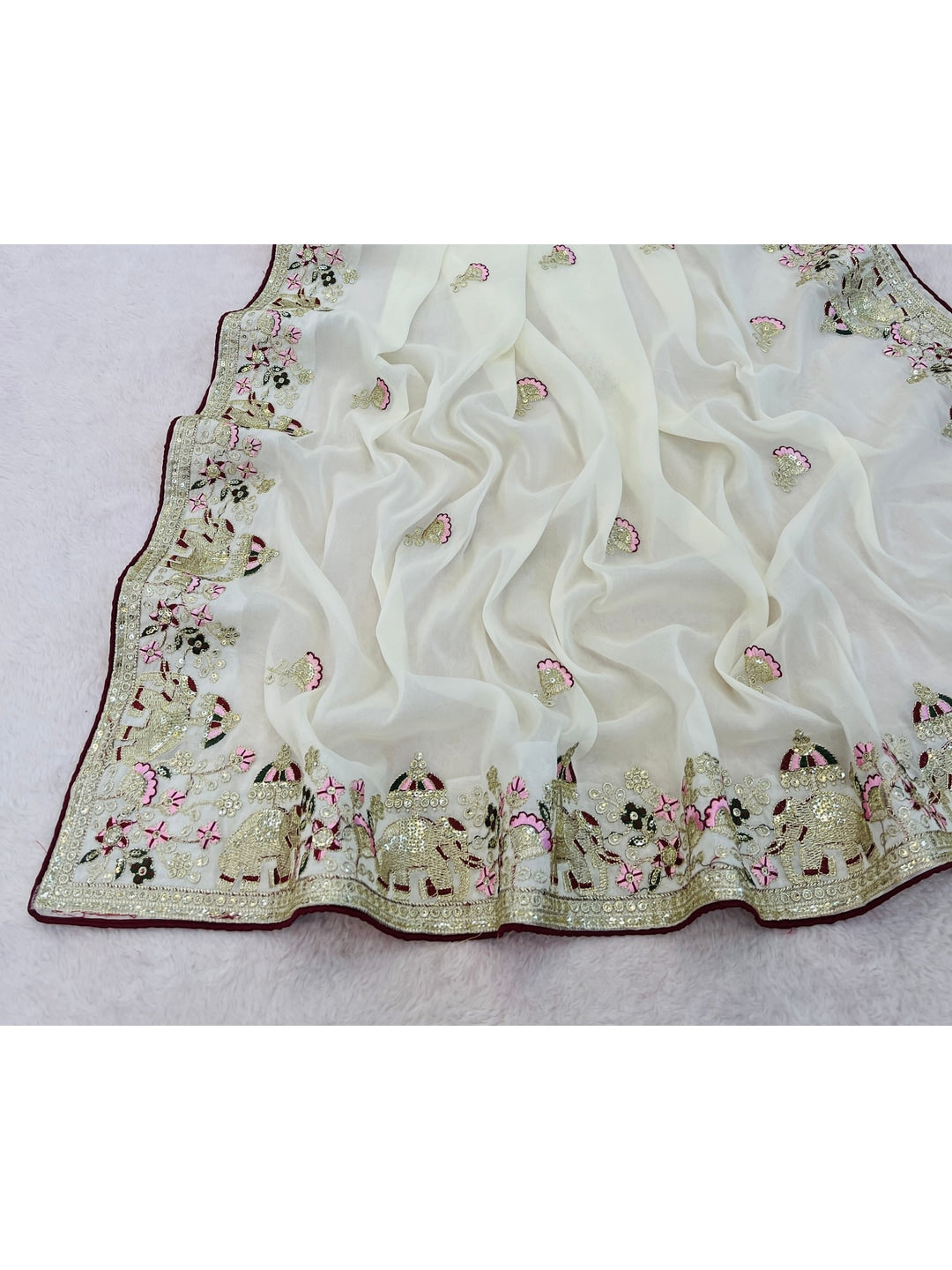Peachmode Offwhite Embroidered Georgette Silk Saree - Image 3