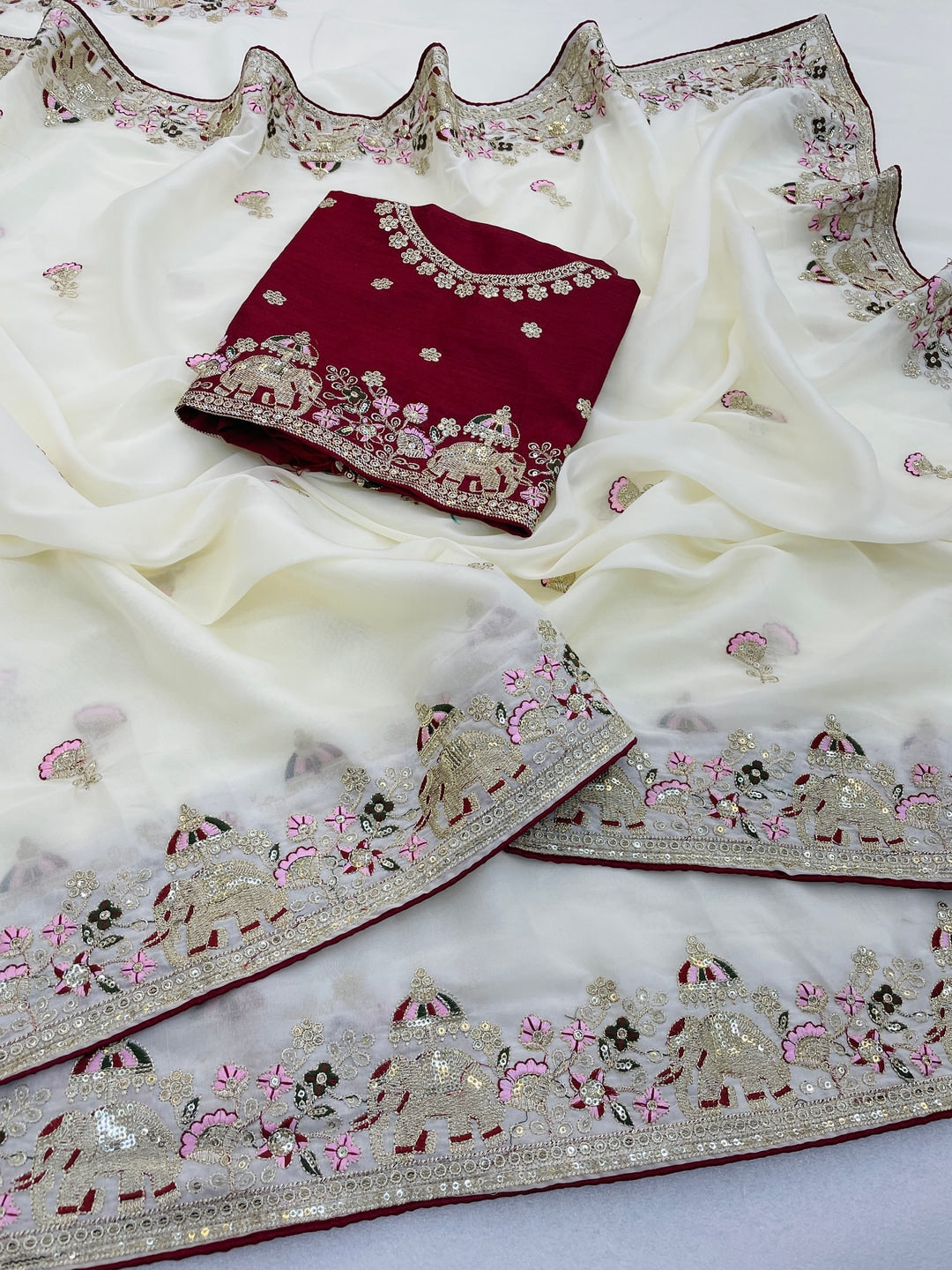Peachmode Offwhite Embroidered Georgette Silk Saree - Image 5