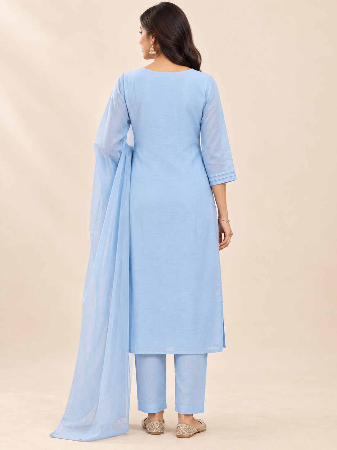 Peachmode Blue Mul Chanderi Floral Embroidered Salwar Suit - Image 4