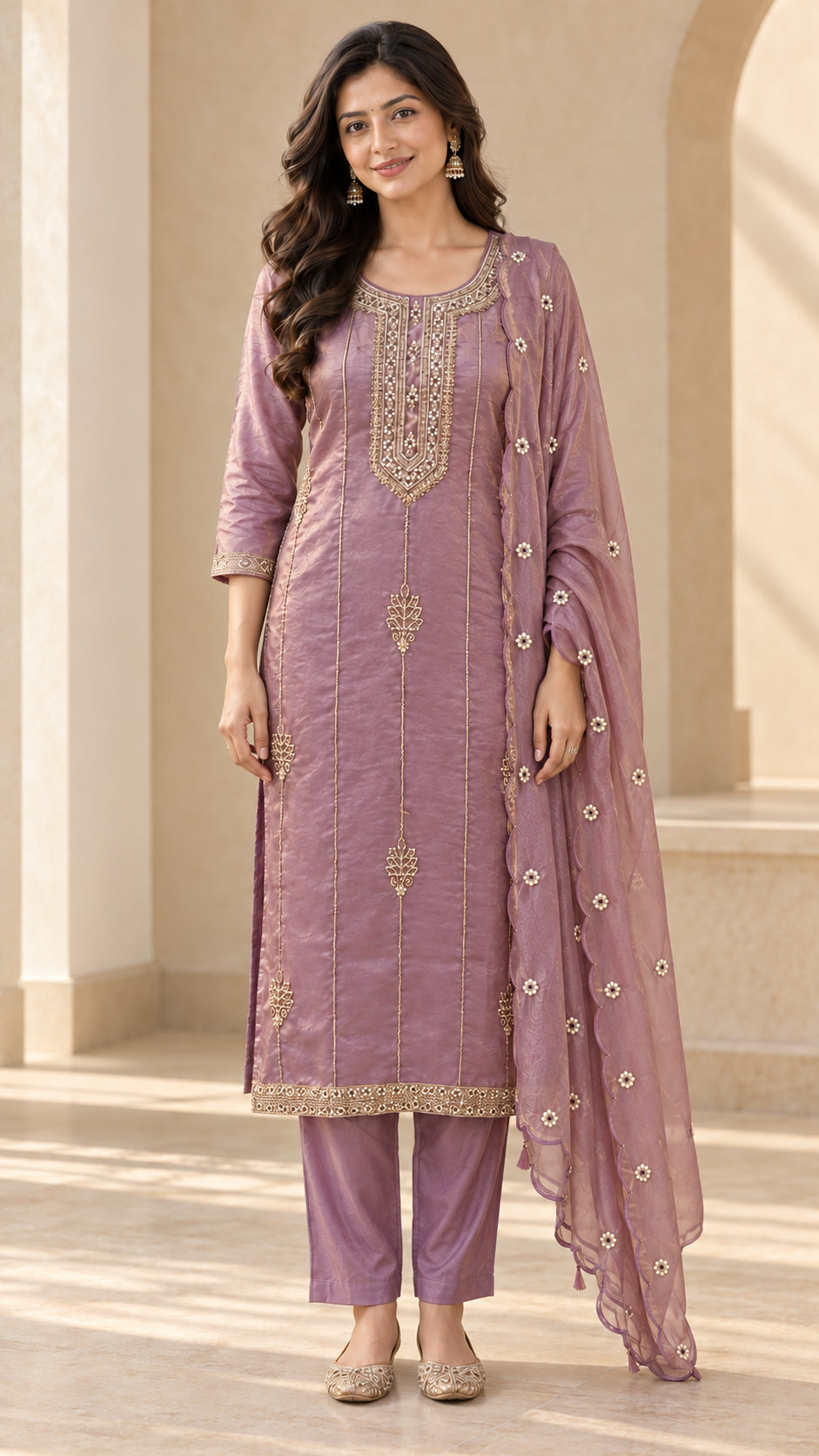 Peachmode Mauve Silk Blend Gold Embroidered Salwar Suit - Image 2