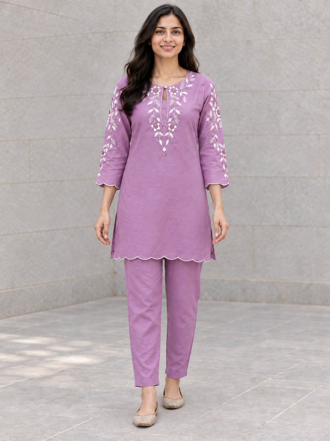 Peachmode Lavender Viscose Blend Embroidered Co-ord Set - Image 2