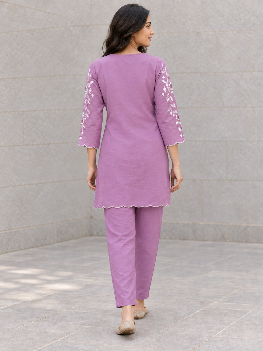 Peachmode Lavender Viscose Blend Embroidered Co-ord Set - Image 4